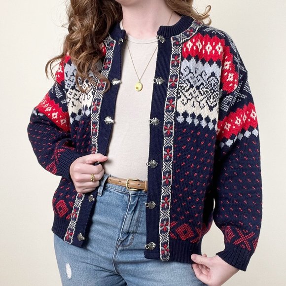Vintage Norwegian Fair Isle Wool Knit Embroidered Oversized Cardigan Sweater - Picture 8 of 8